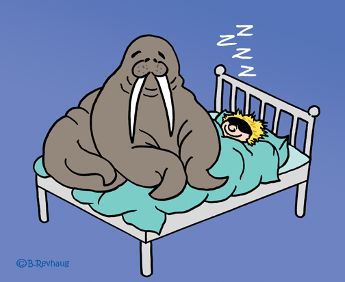 En illustrasjon av en hvalross som sitter oppå en person som sover i sengen sin.